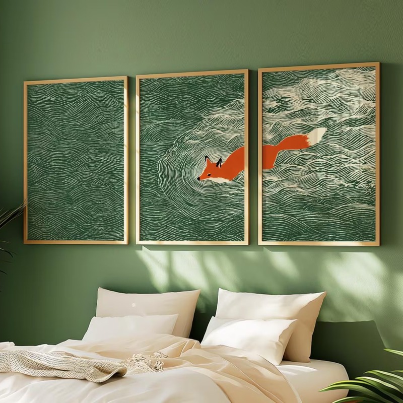 Abstract Canvas Set - 3-teiliges rahmenloses Leinwandbild-Set mit japanischem Fuchs-Motiv