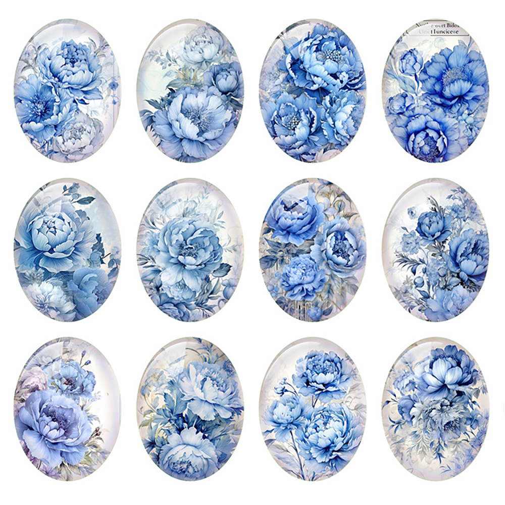 Vase Decor - Zufällige gemischte runde/ovale/quadratische blaue Poeny-Blume, Foto-Glas-Cabochon,